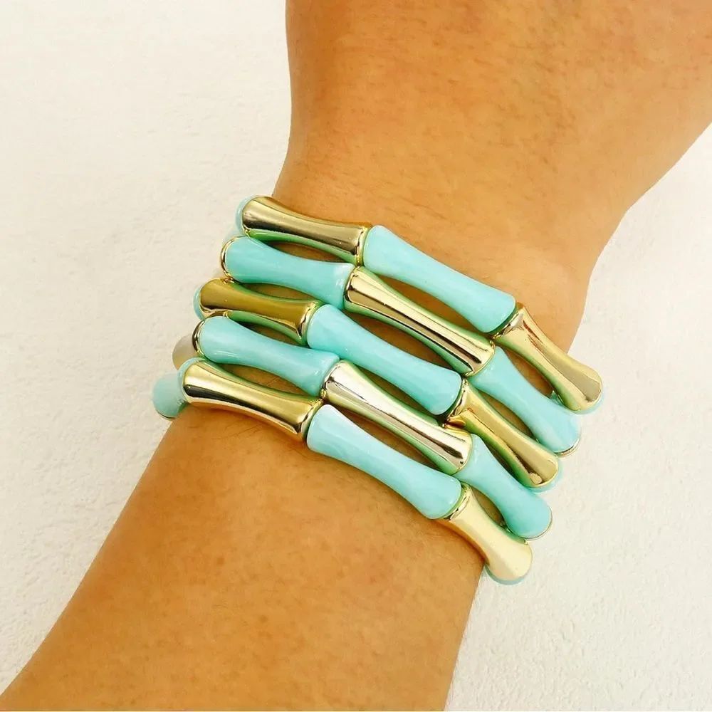 Gold and Teal Bamboo-Inspired Stackable Bracelets